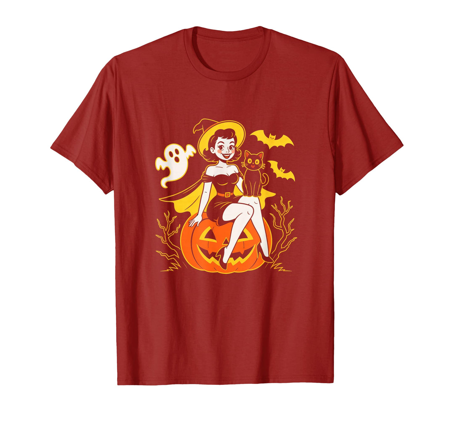 Retro Halloween Pin Up Witch Black Cat Jack O Lantern T-Shirt