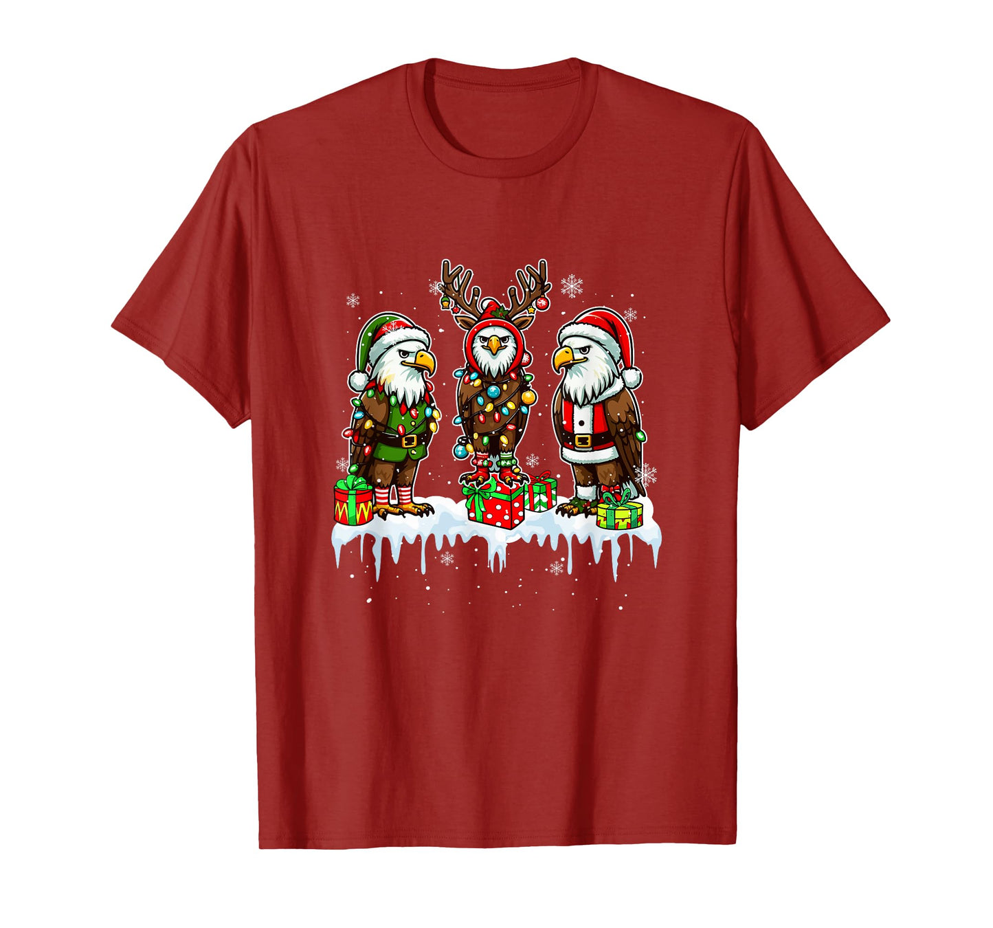 Three Santa Reindeer Elf Eagles Christmas Colorful Lights T-Shirt