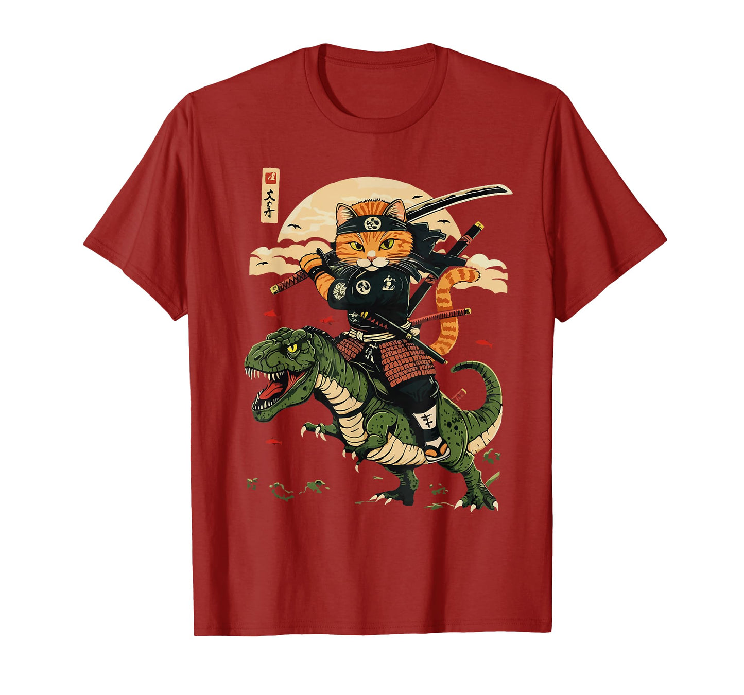 Vintage Samurai Cat Dinosaur Japanese Art Graphic Funny Cats T-Shirt