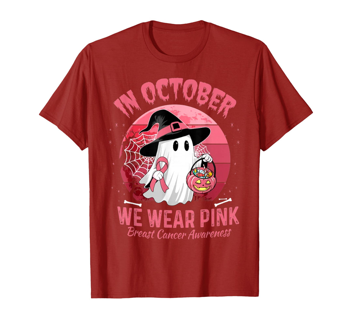 in October We Wear Pink Ghost Witch Breast Cancer Awareness T-Shirt