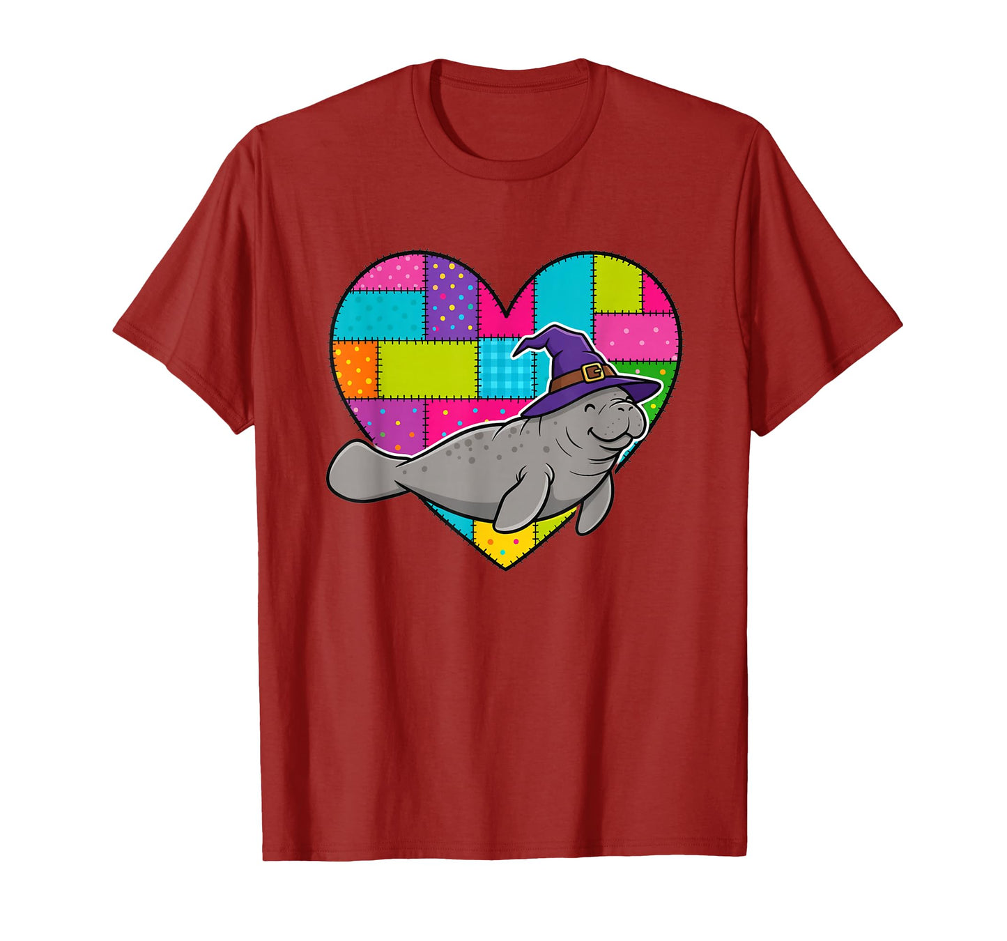 Manatee Witch Hat Patchwork Heart Halloween Autumn Fall T-Shirt