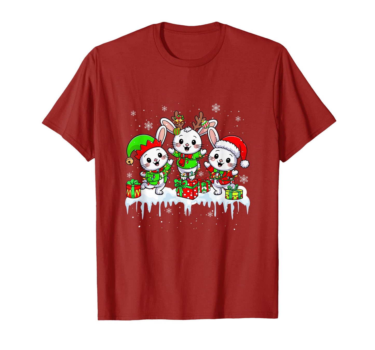 Three Santa Reindeer Elf Rabbits Christmas Colorful Lights T-Shirt