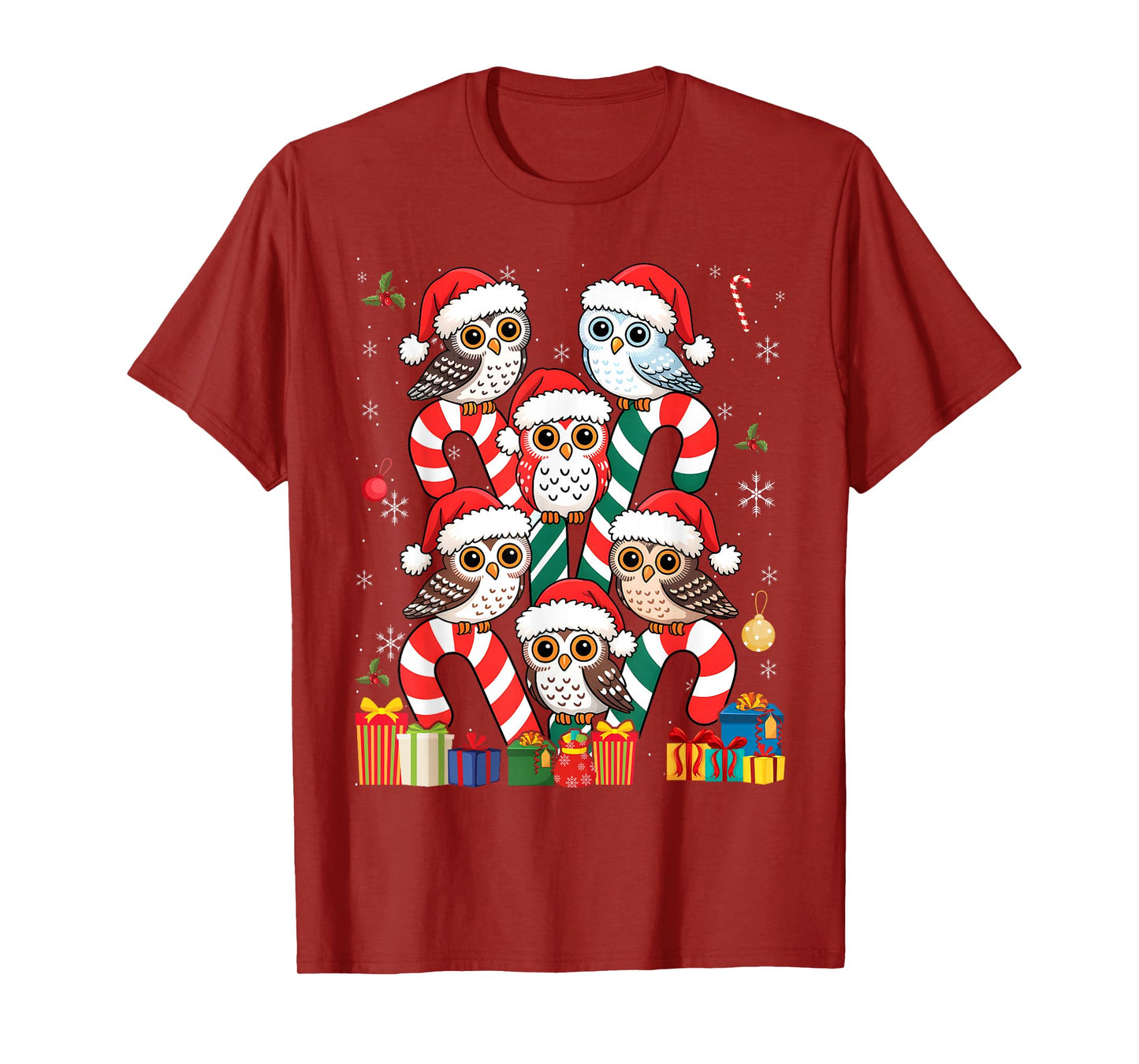 Santa Owls Cute Cartoon Christmas Bird Holiday Idea T-Shirt
