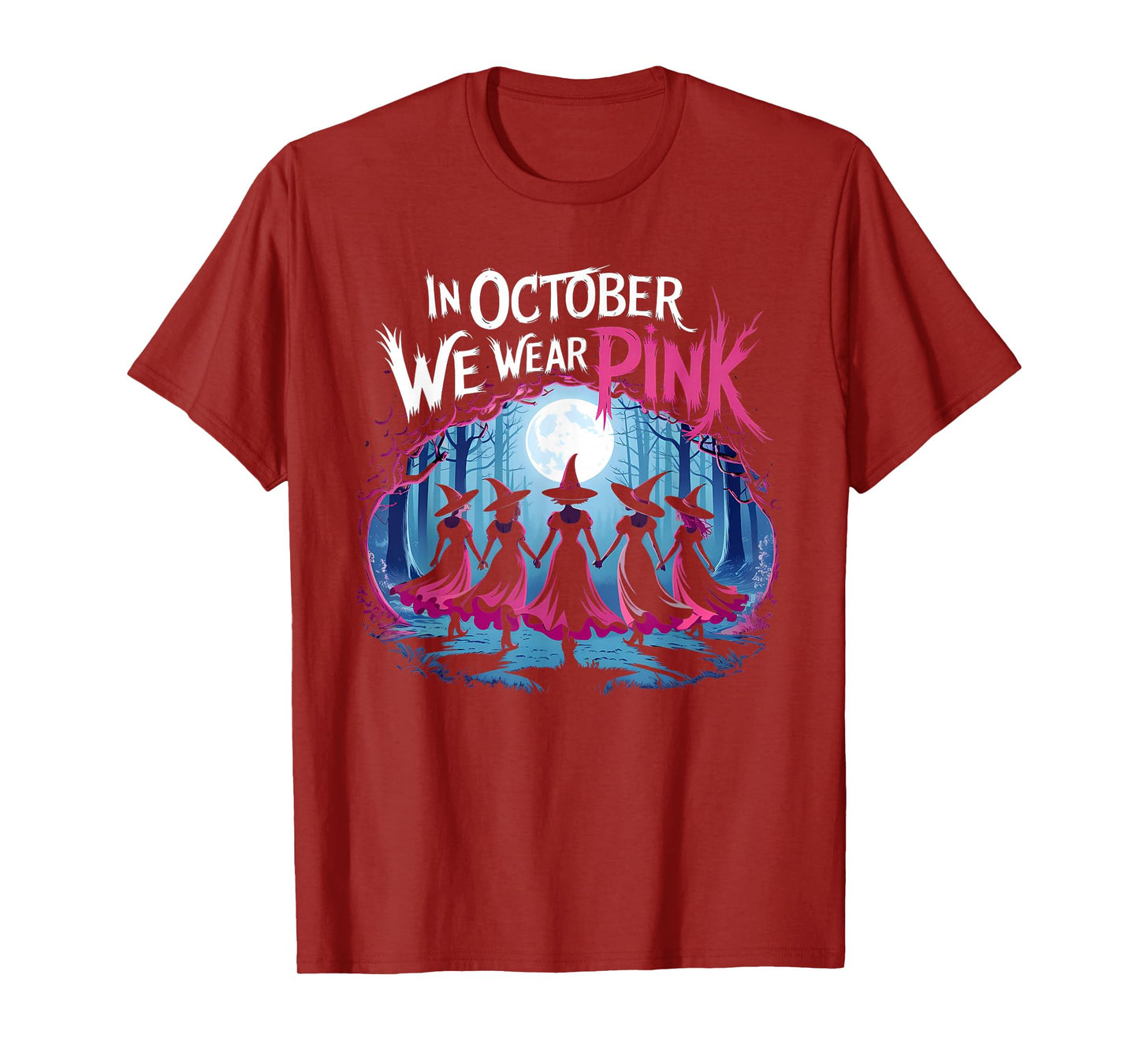 in October We Wear Pink Witch Halloween Breast Cancer Women T-Shirt
