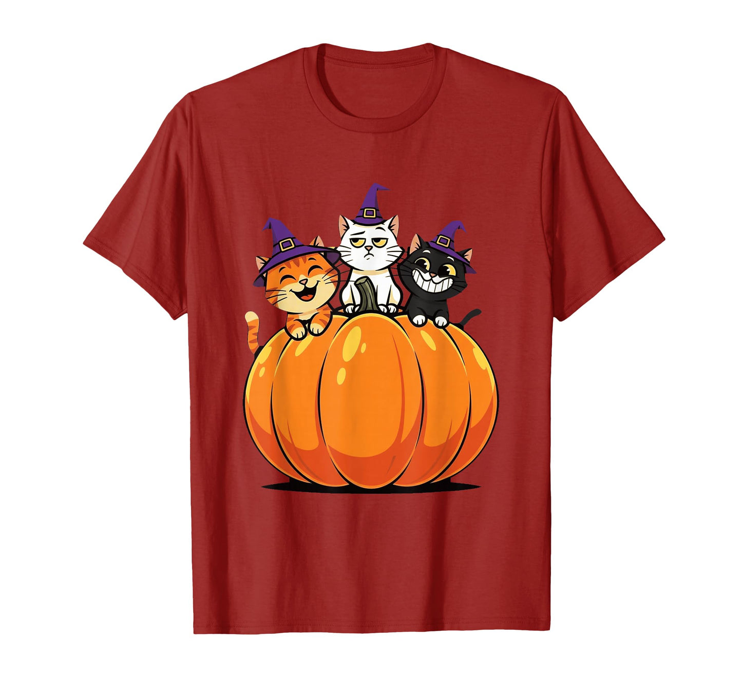 Three Witch Cats on Pumpkin - Funny Halloween Cat Lover T-Shirt