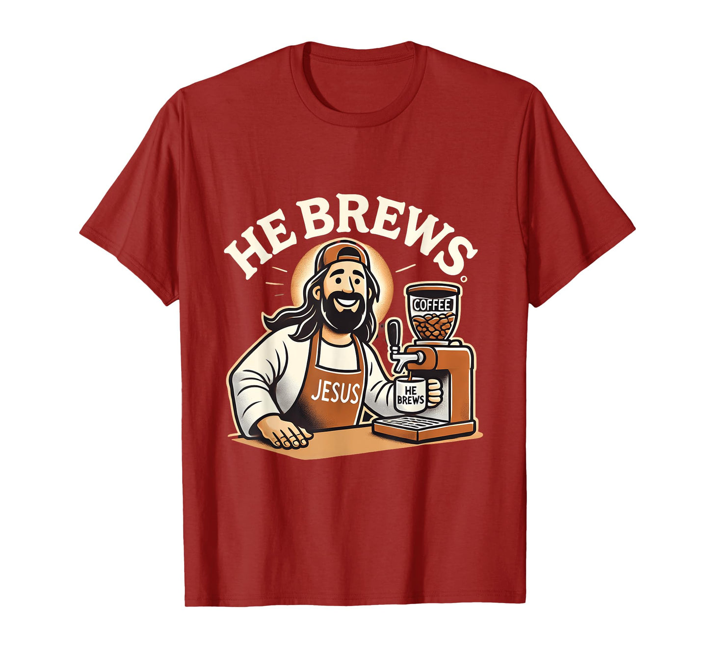 He Brews Coffee Jesus Cartoon Fun Christian Design T-Shirt