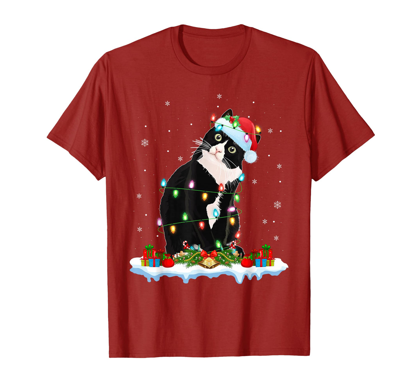 Black Cat Christmas Lights Funny Santa Hat Black Cat Xmas T-Shirt