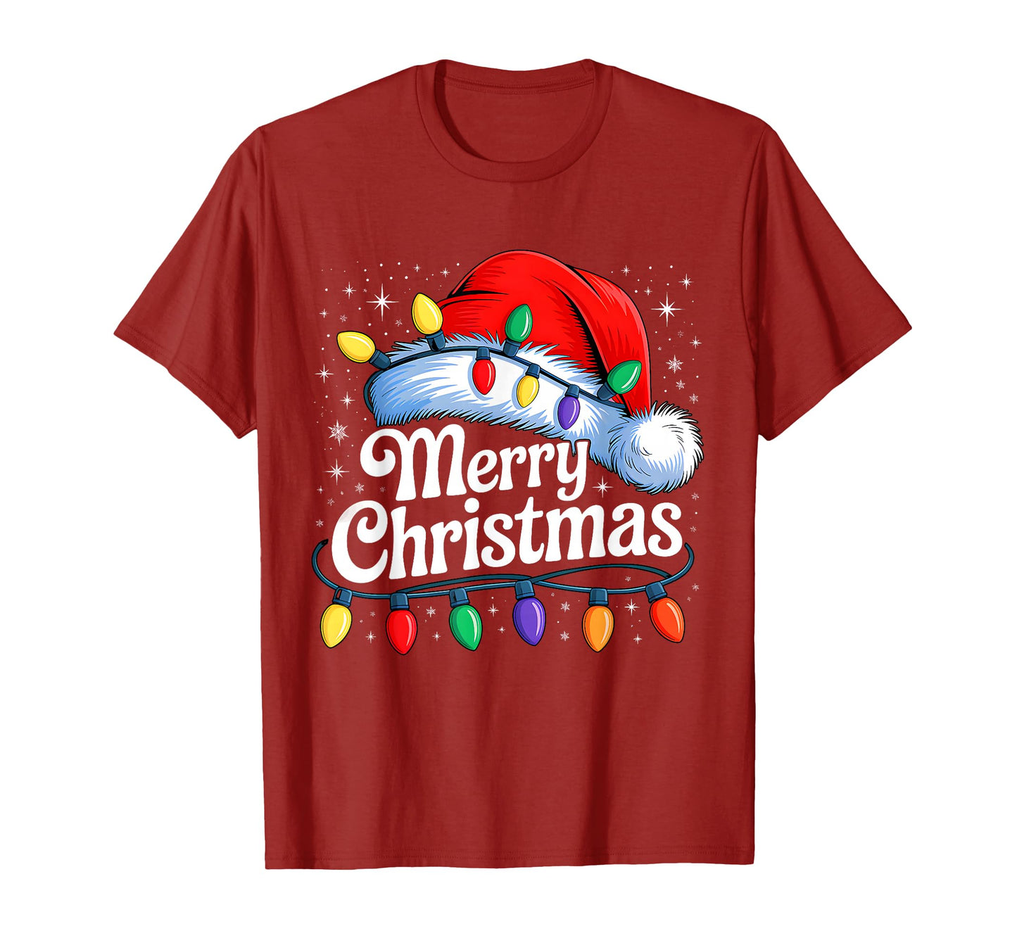 Merry Christmas Lights Red Santa Hat Xmas Family Men Women T-Shirt
