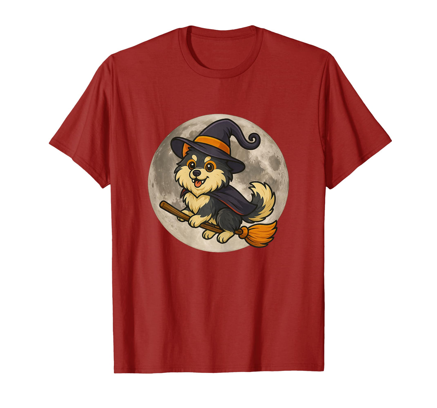 Pomsky Witch Halloween, Cute Dog Flying on Broom T-Shirt