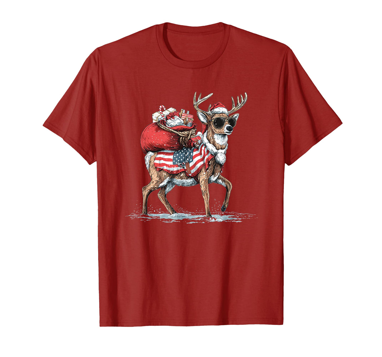Cool Santa's Reindeer with Sunglasses and US Colors T-Shirt