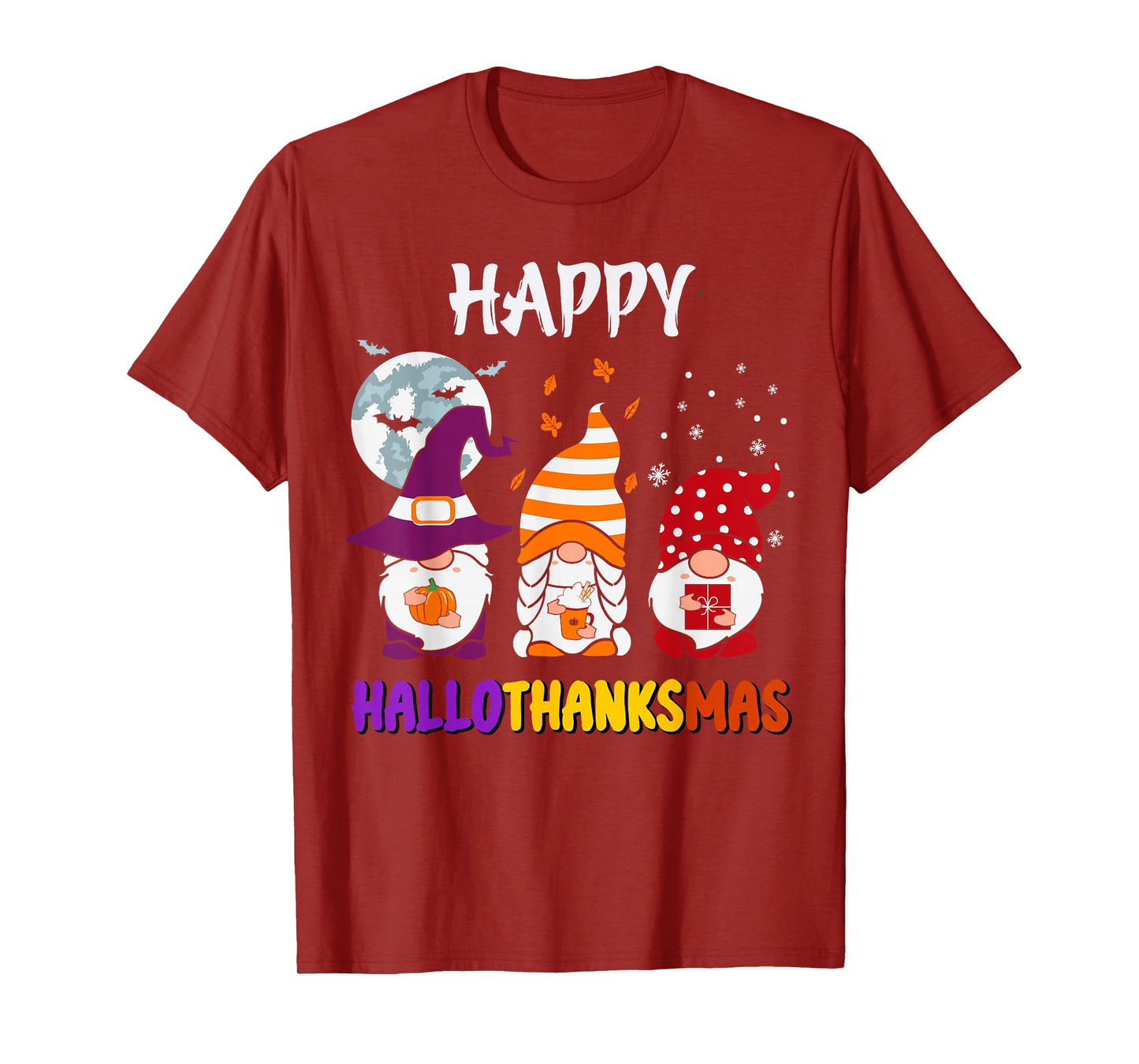 Happy HalloThanksMas Gnomes Halloween Thanksgiving Christmas T-Shirt