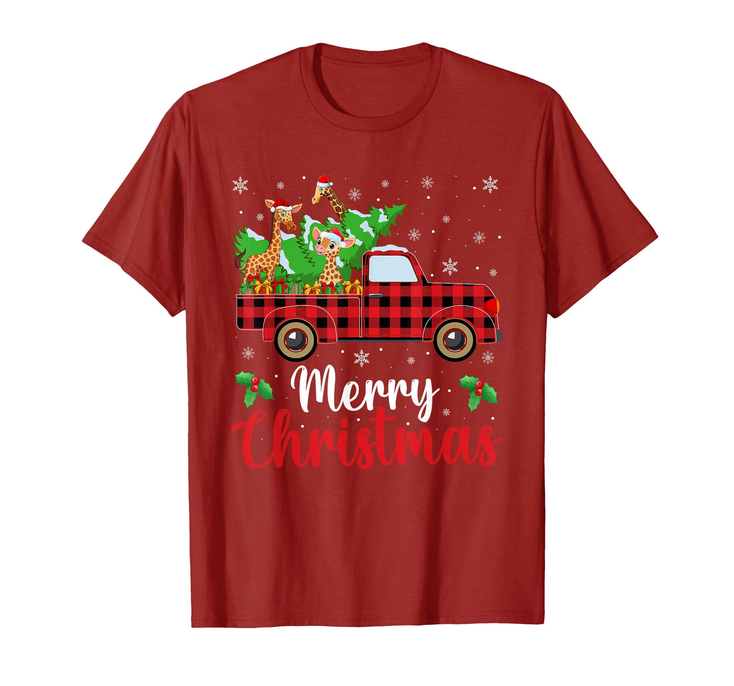 Giraffe Christmas Tree Truck Buffalo Plaid Xmas Christmas T-Shirt