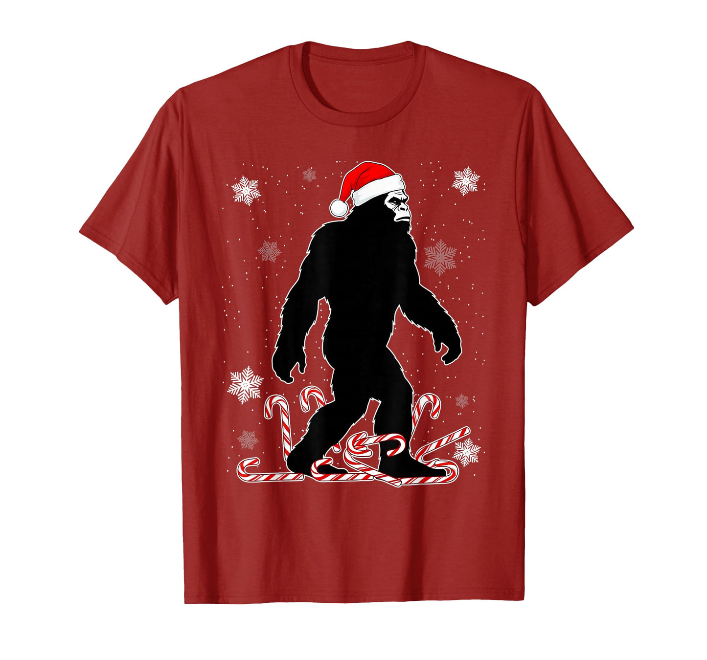 Funny Christmas Bigfoot with Santa Hat Carrying Candy Canes T-Shirt