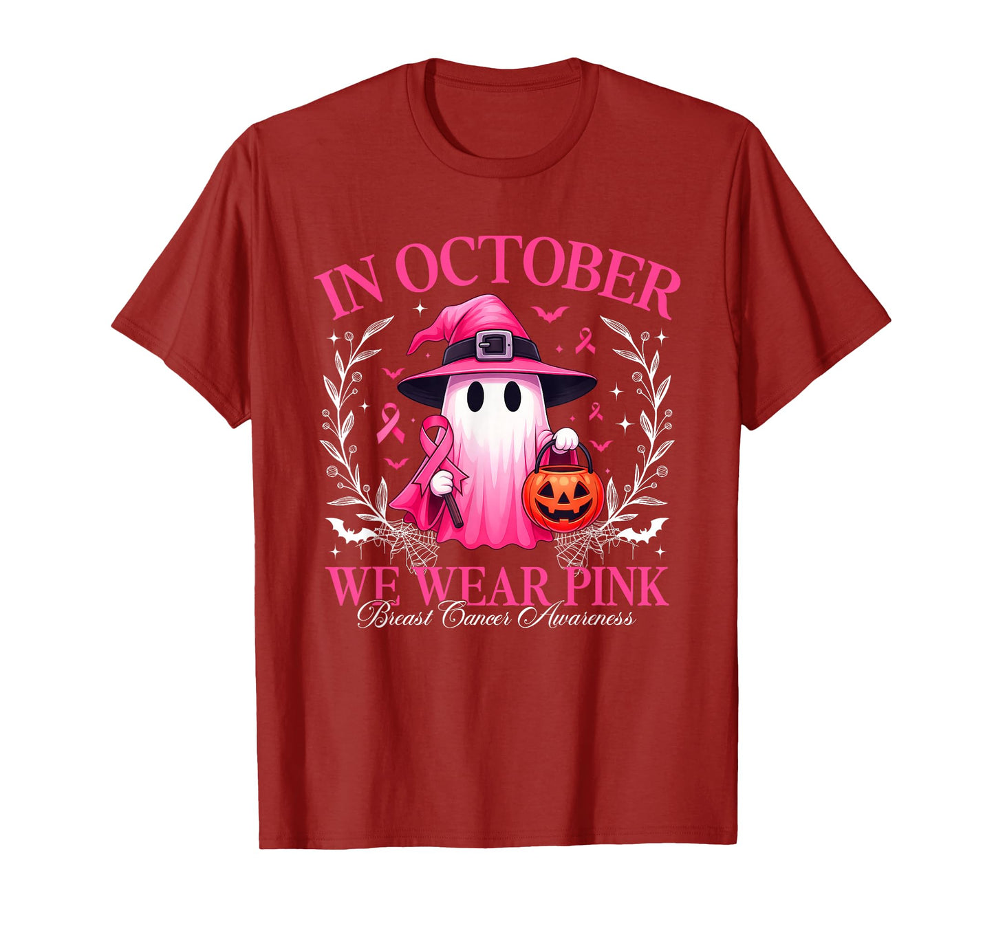 Ghost Witch in October We Wear Pink Breast Cancer Awareness T-Shirt