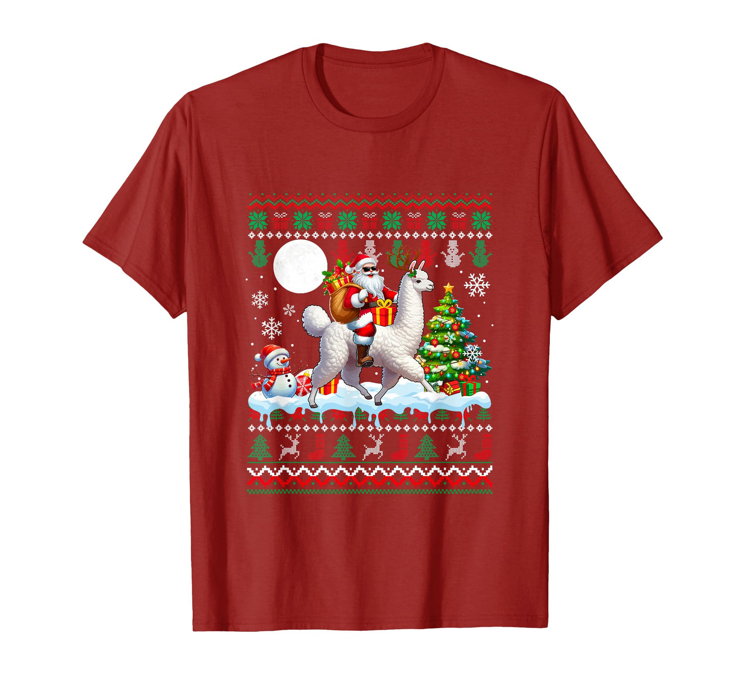 Santa Sunglasses Riding Llama Christmas Sweater Snowman T-Shirt