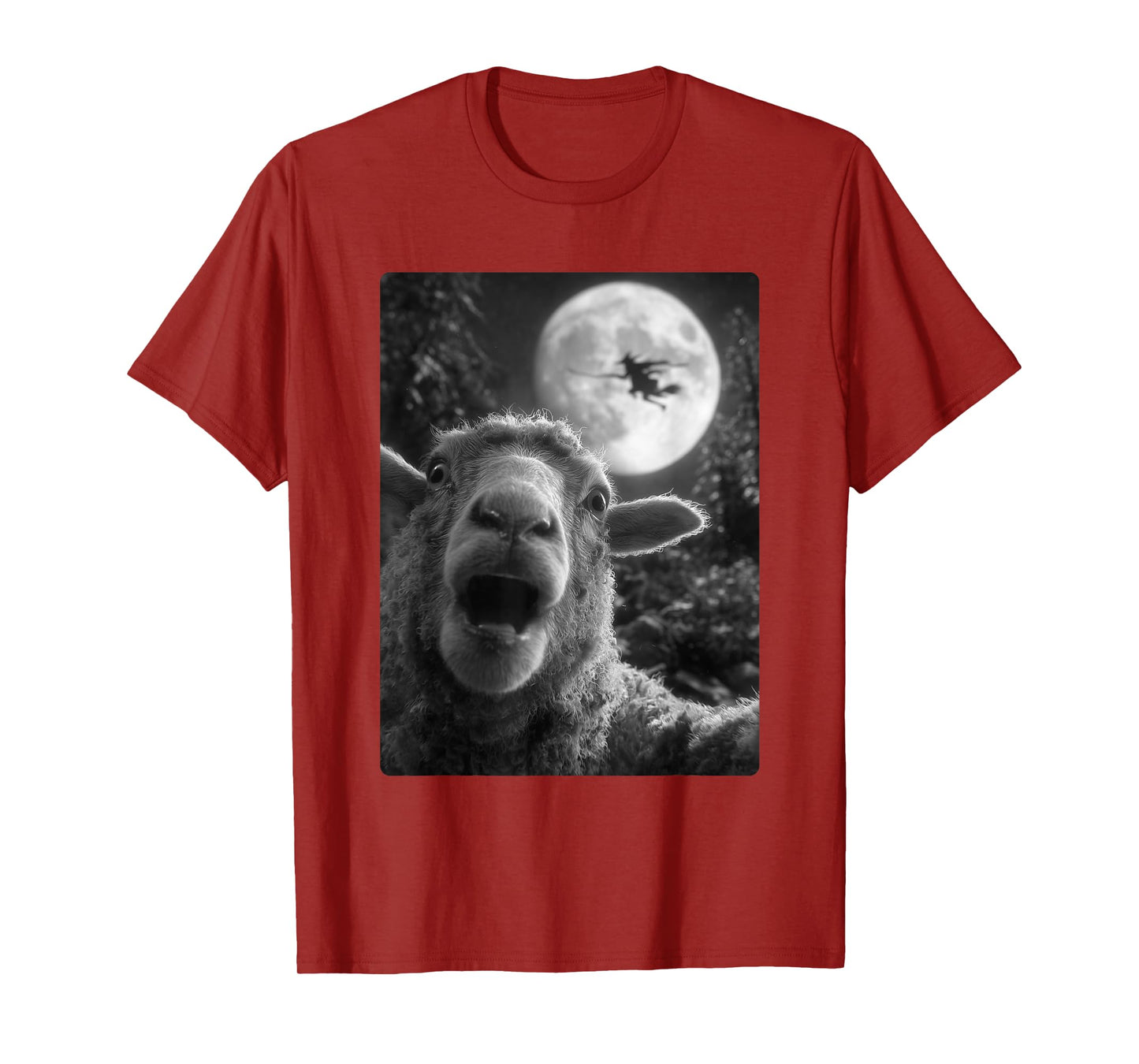 Funny Sheep Selfie Full Moon Flying Witch Forest Halloween T-Shirt