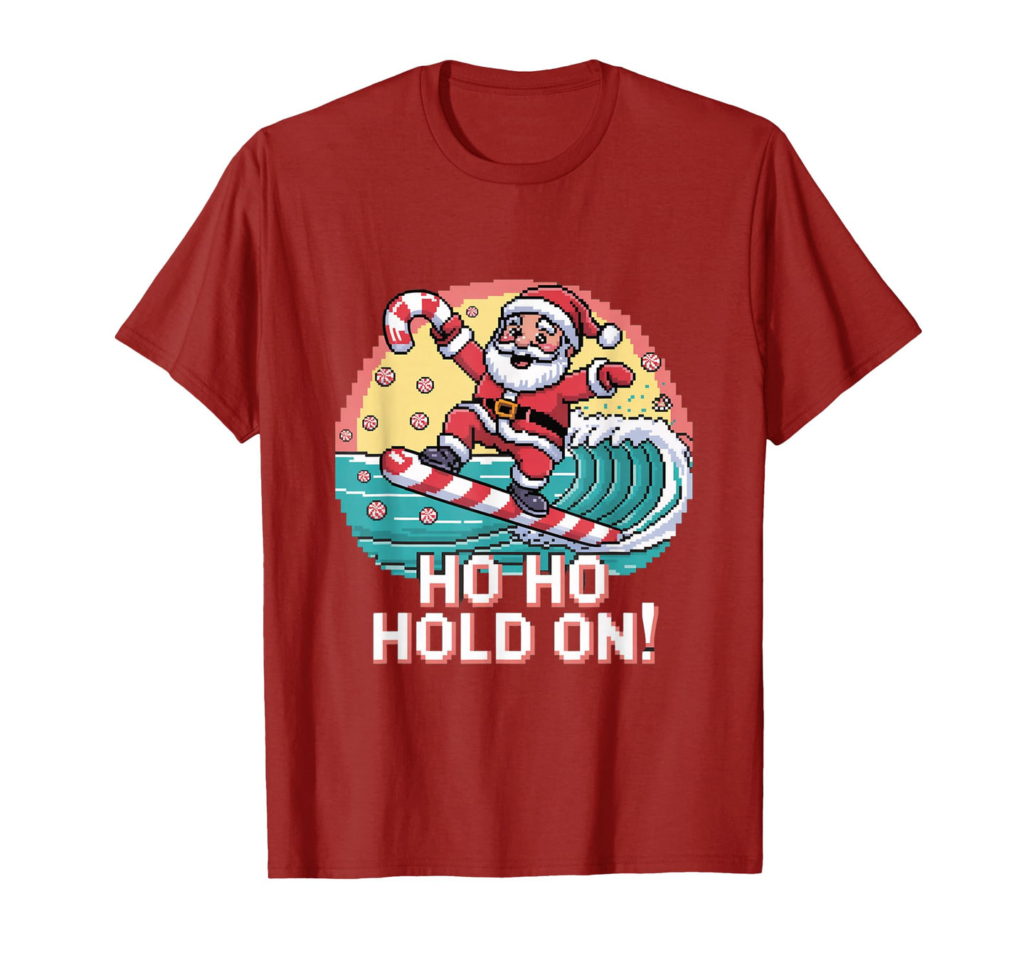 Ho Ho Hold On Pixel Santa Surf Design T-Shirt