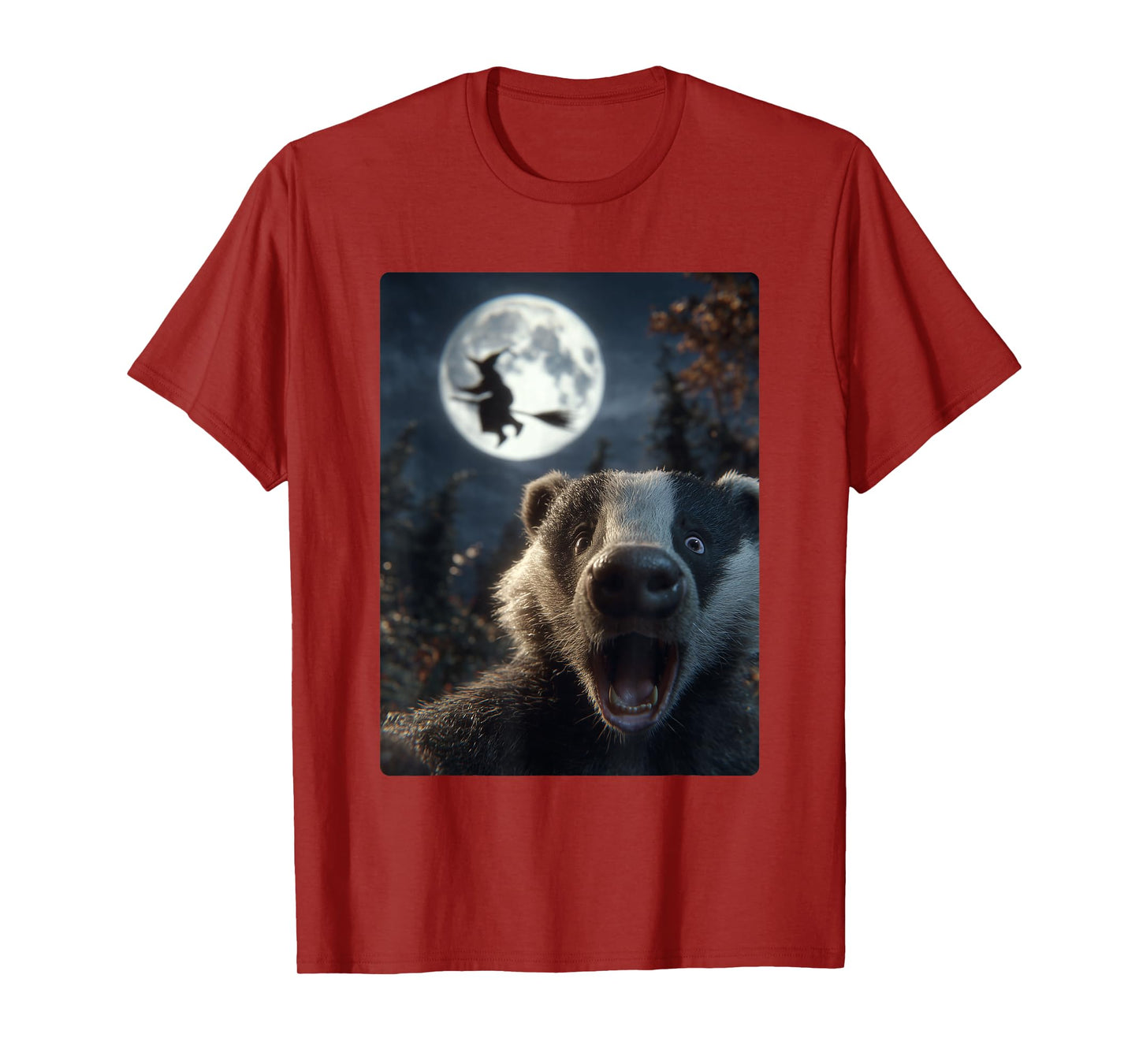 Funny Badger Selfie Full Moon Flying Witch Forest Halloween T-Shirt