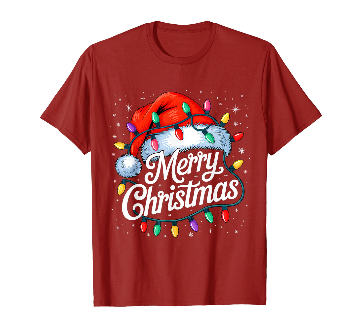 Merry Christmas Lights Red Santa Hat Xmas Family Men Women T-Shirt