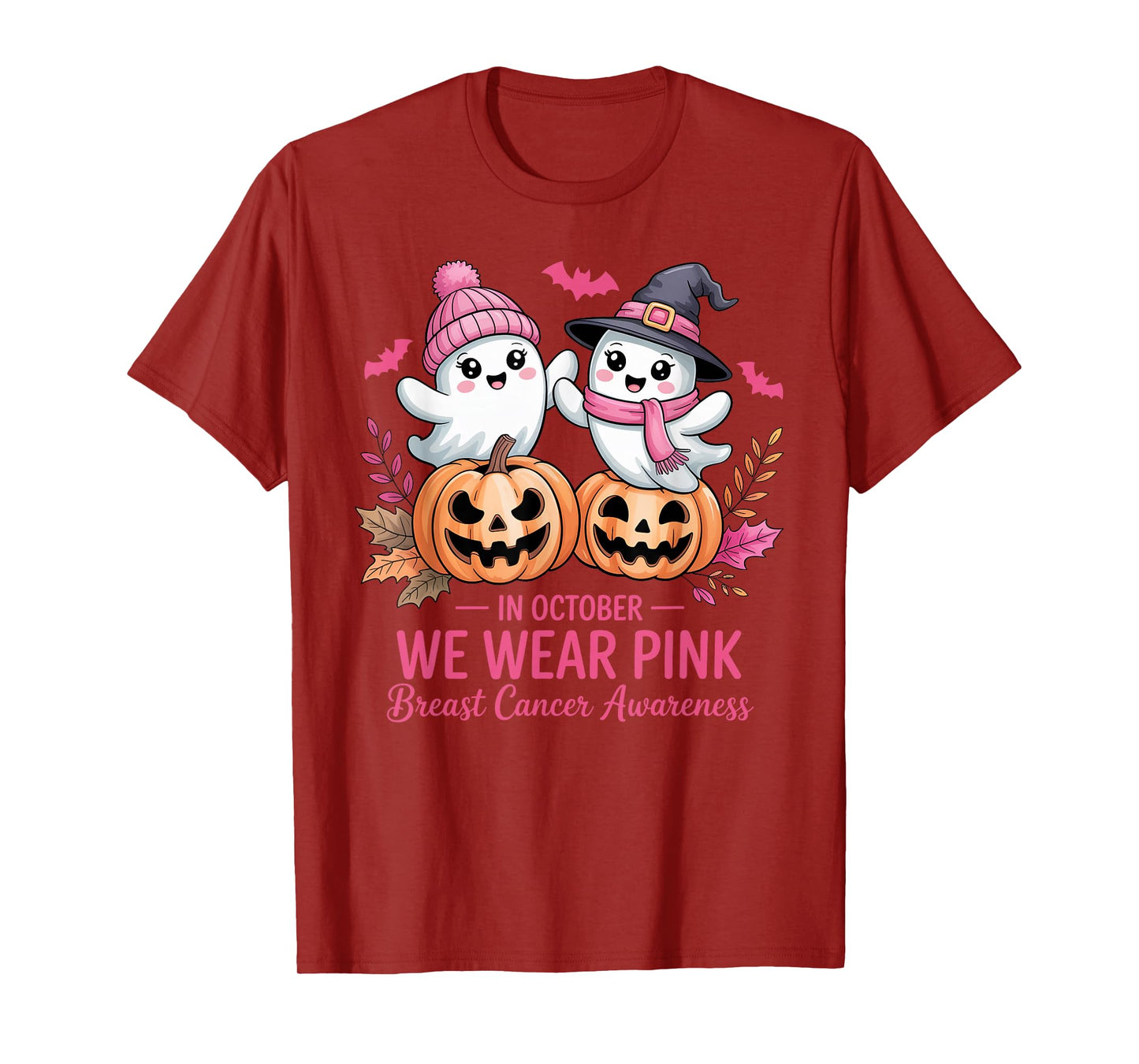 in October We Wear Pink Ghost Witch Breast Cancer Awareness T-Shirt