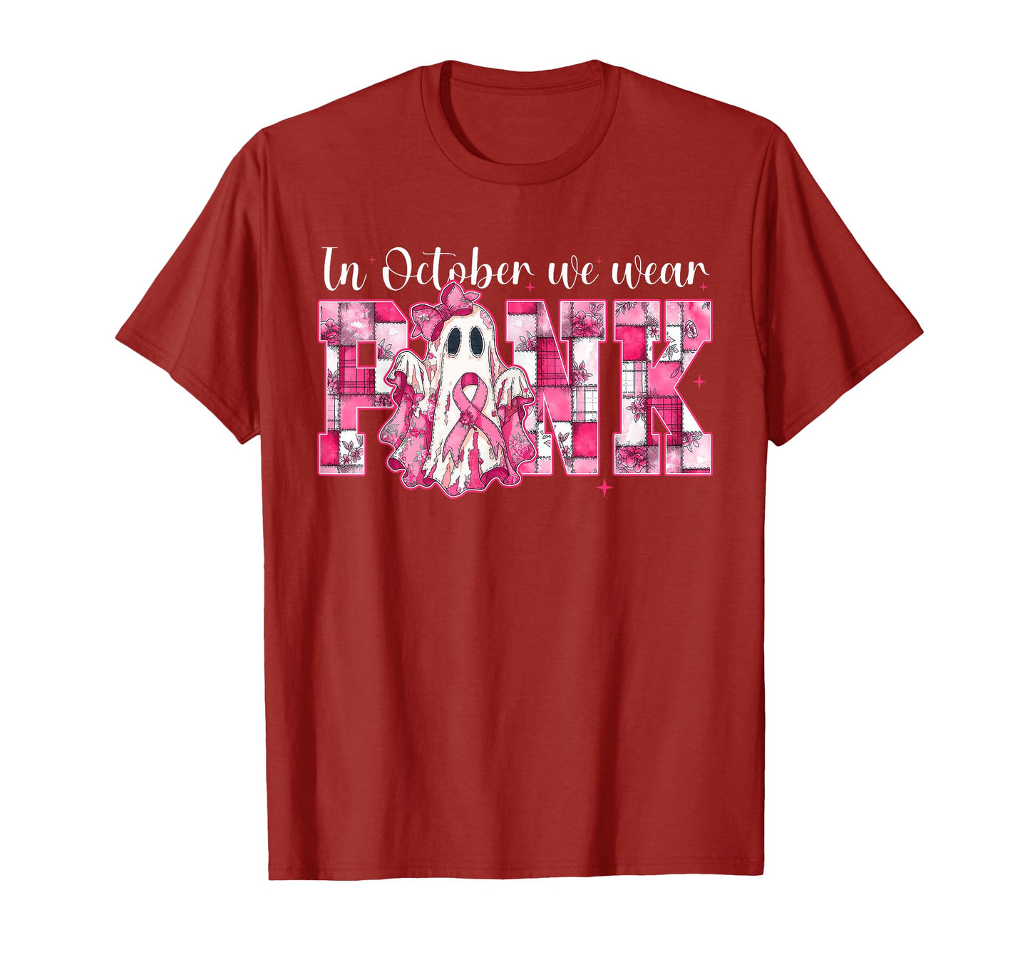 in October We Wear Pink Ghost Witch Breast Cancer Awareness T-Shirt