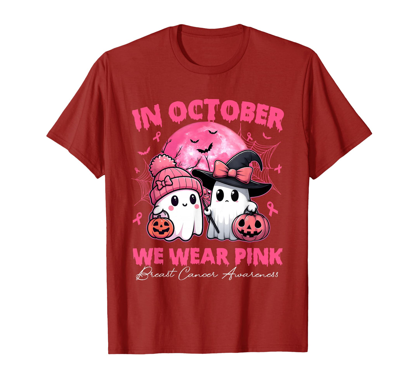 in October We Wear Pink Ghost Witch Breast Cancer Awareness T-Shirt