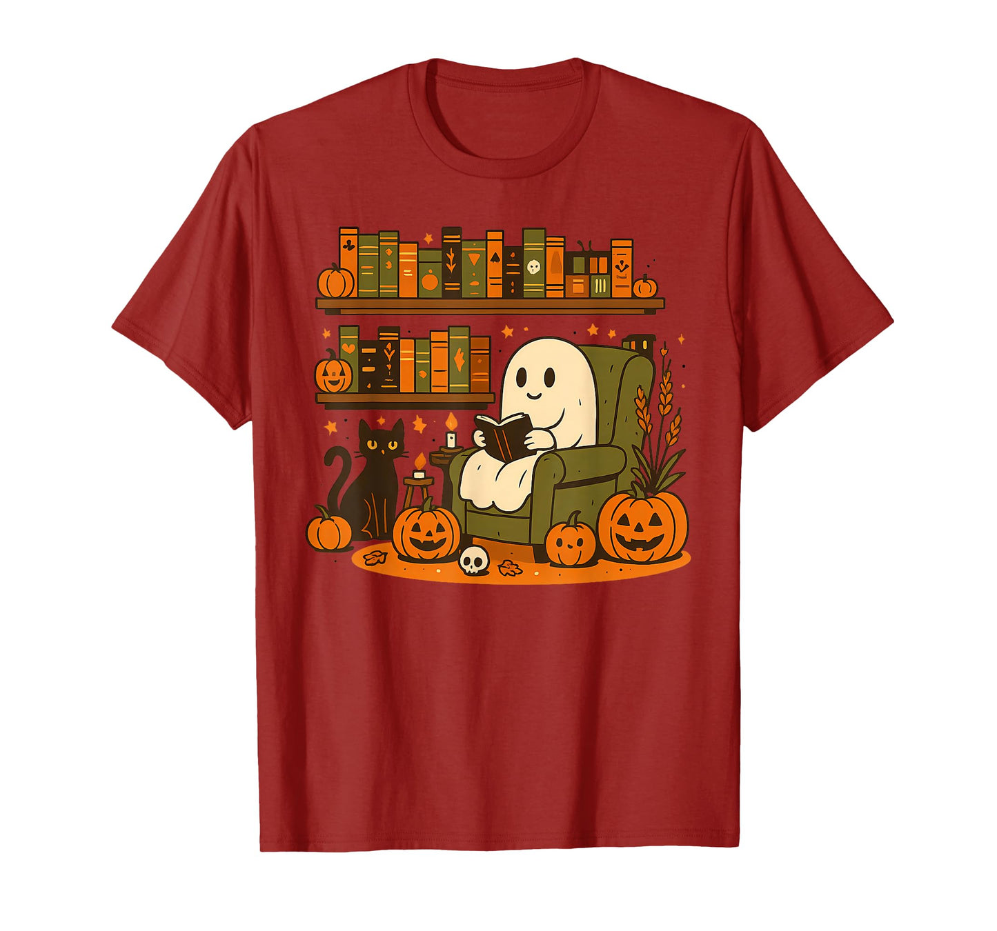 Ghost Library Reading Books Halloween Men Women Kids T-Shirt