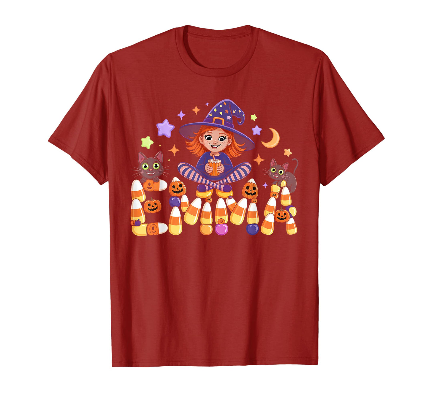 Emma Witch Candy Corn Cat Halloween Women and Girls T-Shirt