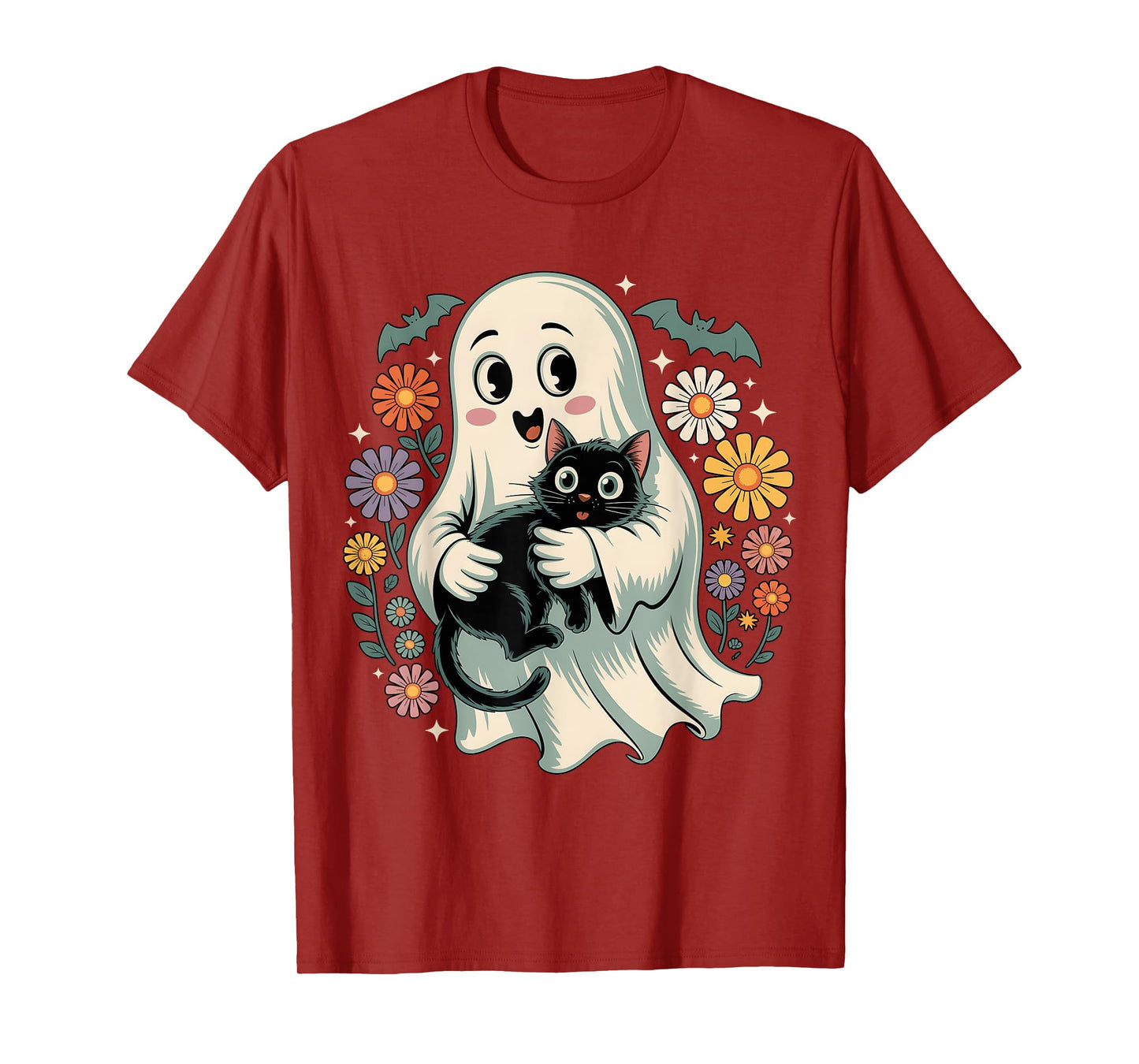 Groovy Flower Ghost Holding Black Cat Halloween Cat Lover T-Shirt