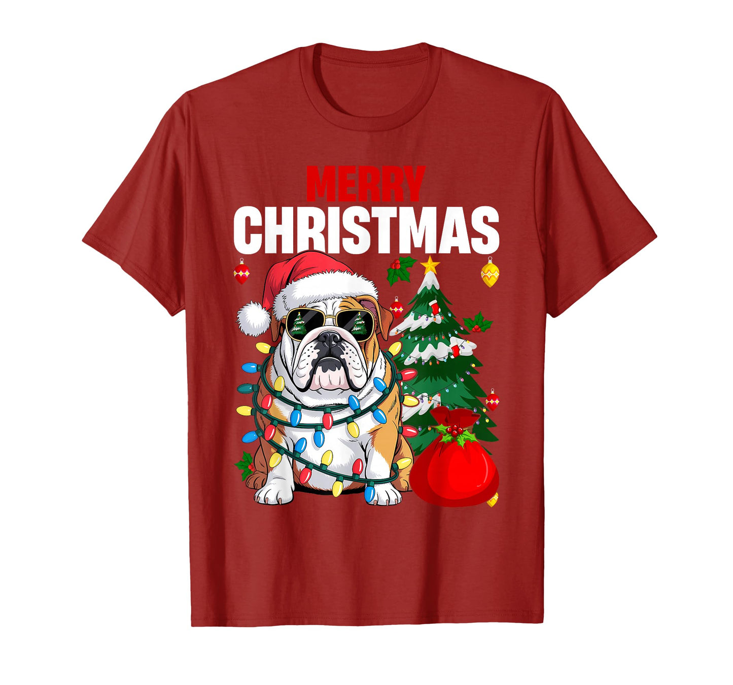 English Bulldog Santa Hat Christmas Pajama Dog X-Mas Tree T-Shirt