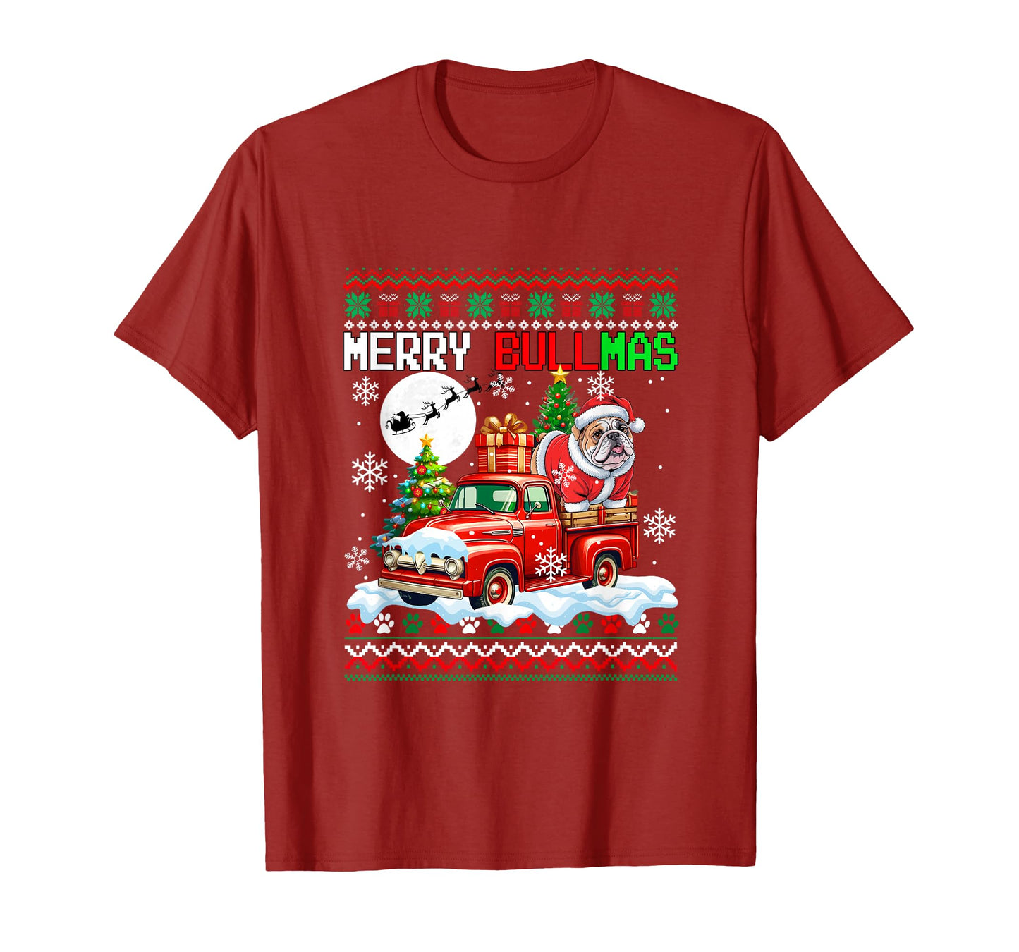 Merry Christmas Sweater Santa Bulldog On Pickup Truck T-Shirt