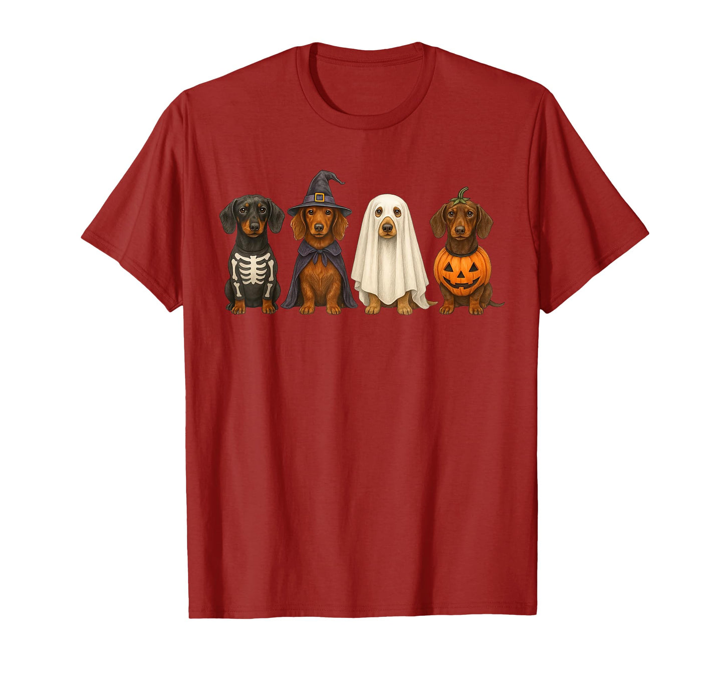 Dachshund Dogs Halloween Witch Ghost Pumpkin Art T-Shirt