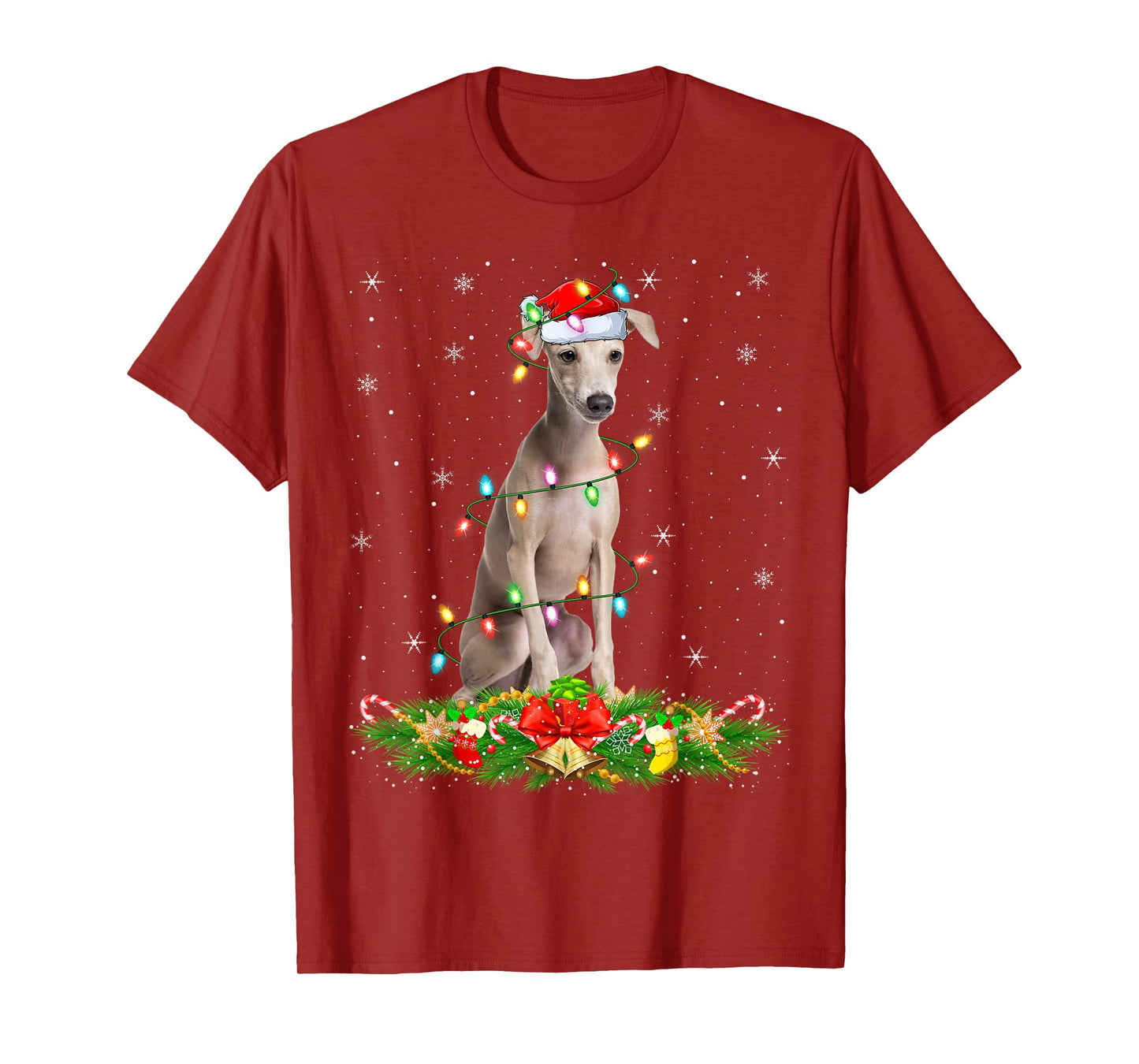 Italian Greyhound Dog Christmas Lights Funny Santa Hat Xmas T-Shirt