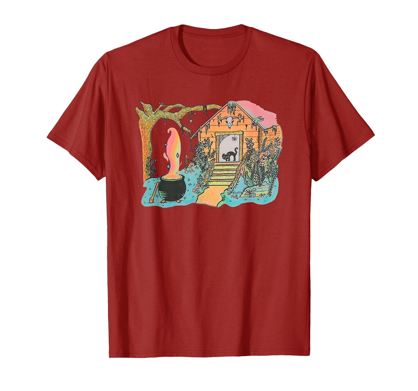 Haunted Witch Cabin with Black Cat and Cauldron T-Shirt