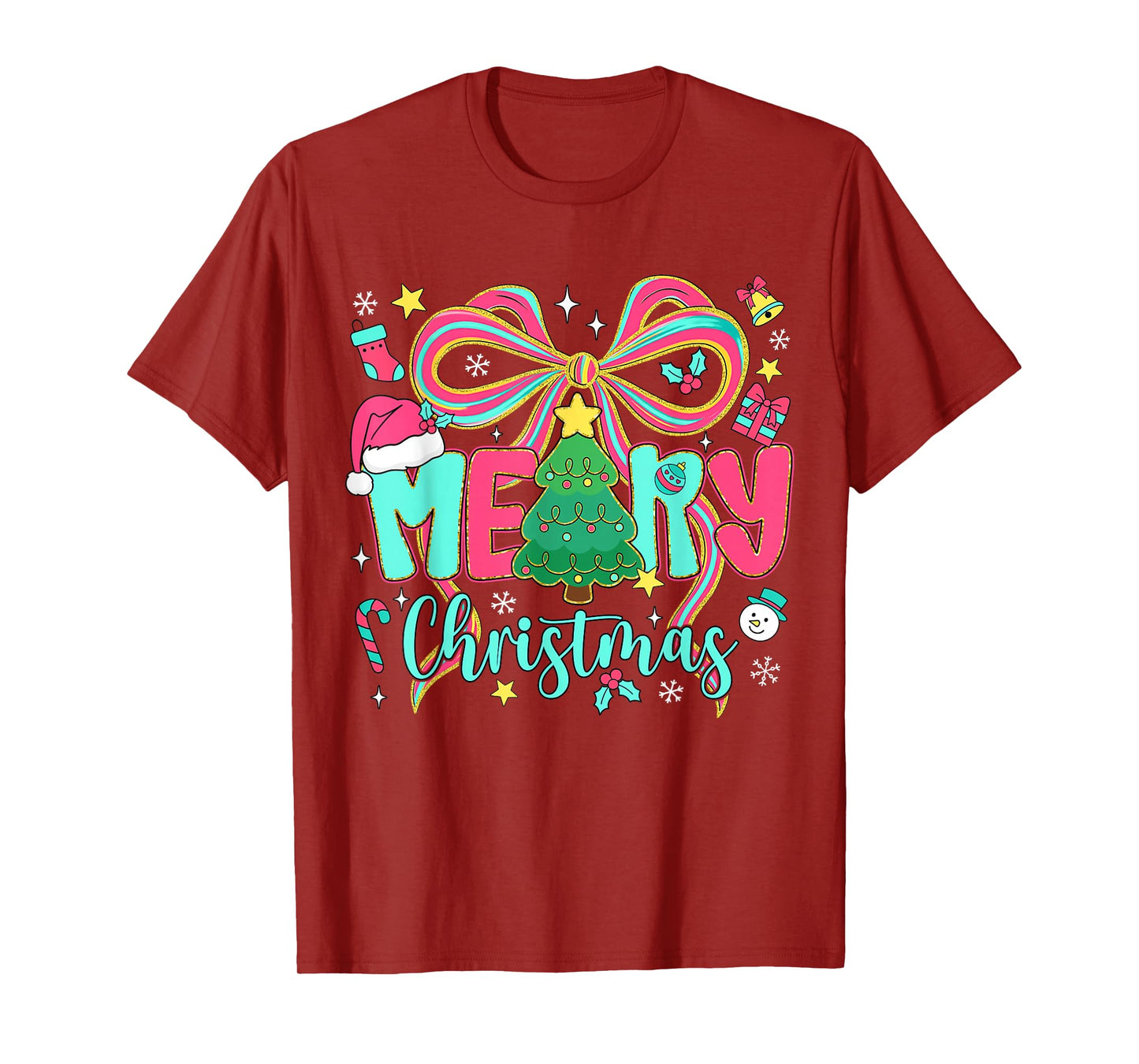 Preppy Merry Christmas Coquette Bow Pink Christmas Tree Girl T-Shirt
