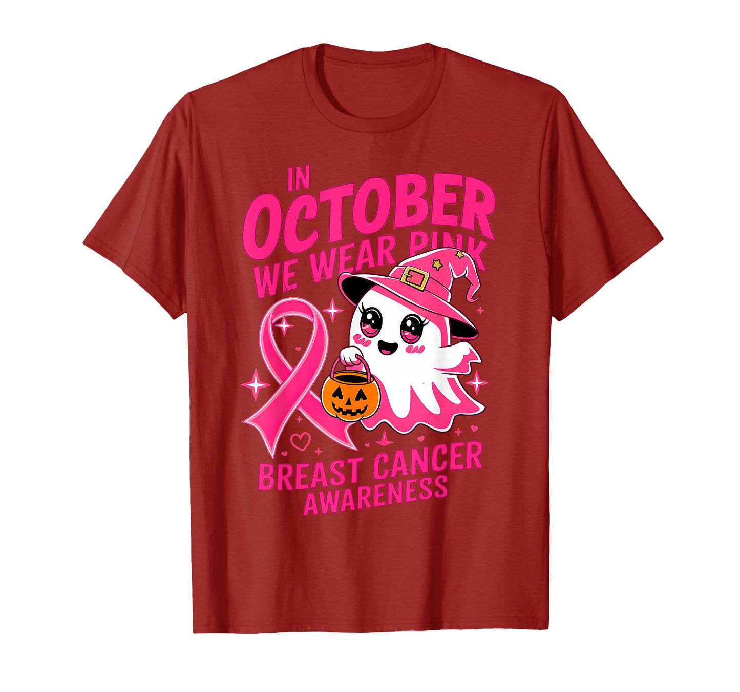 in October We Wear Pink Kawaii Ghost Breast Cancer Awareness T-Shirt