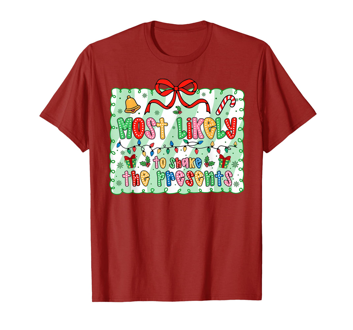Most Likely to Shake The Presents Coquette Bow Xmas T-Shirt