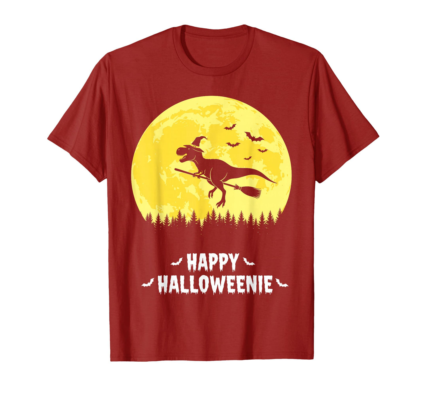 Happy Halloweenie Funny Dinosaur T Rex Flying Witch T-Shirt