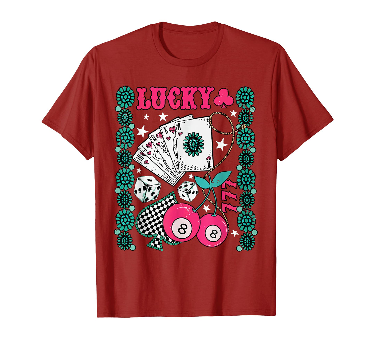 Retro Lucky Gambling Western Turquoise Cherry Dice Cowgirl T-Shirt