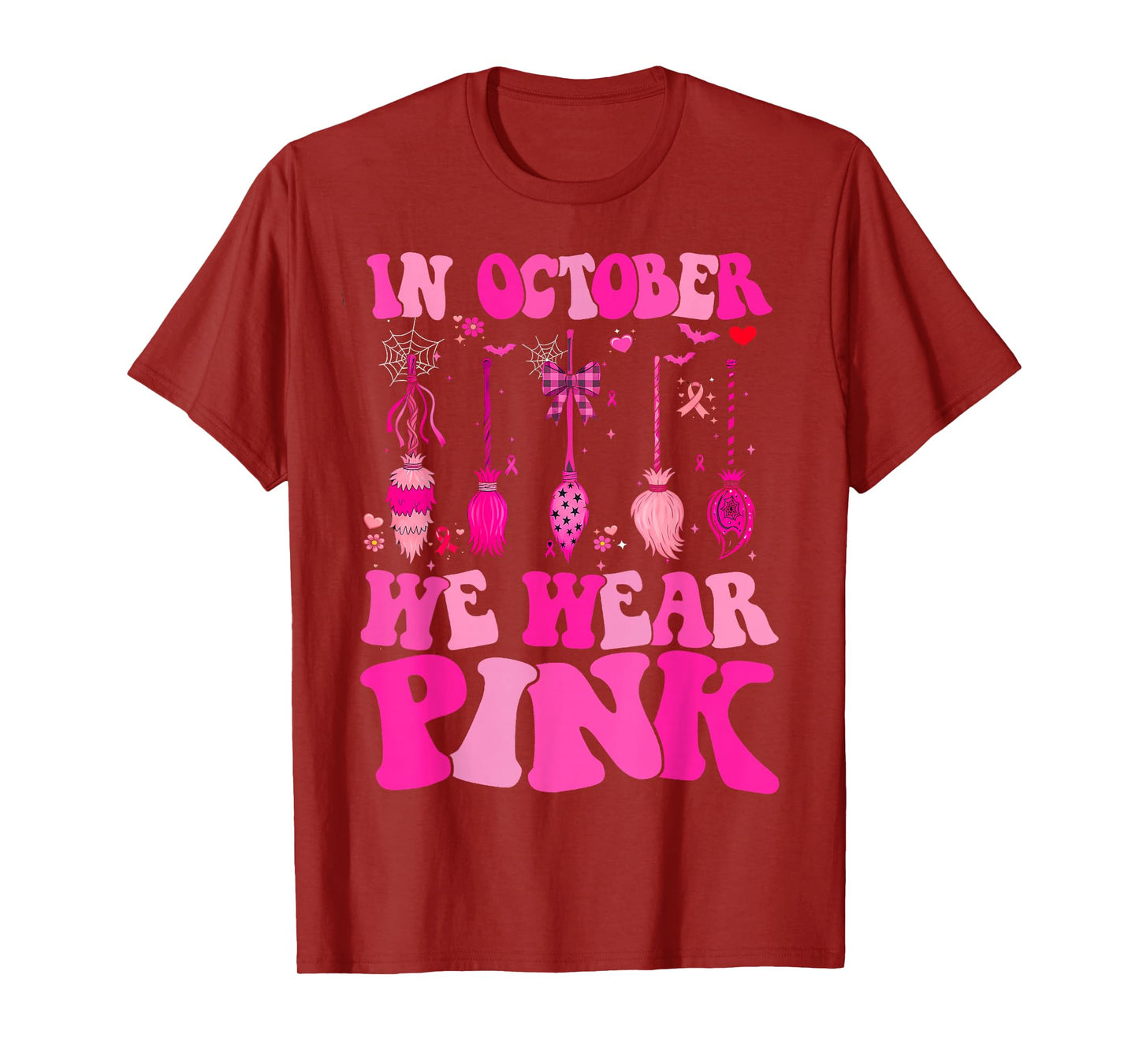 in October We Wear Pink Witch Broom Breast Cancer Awareness T-Shirt