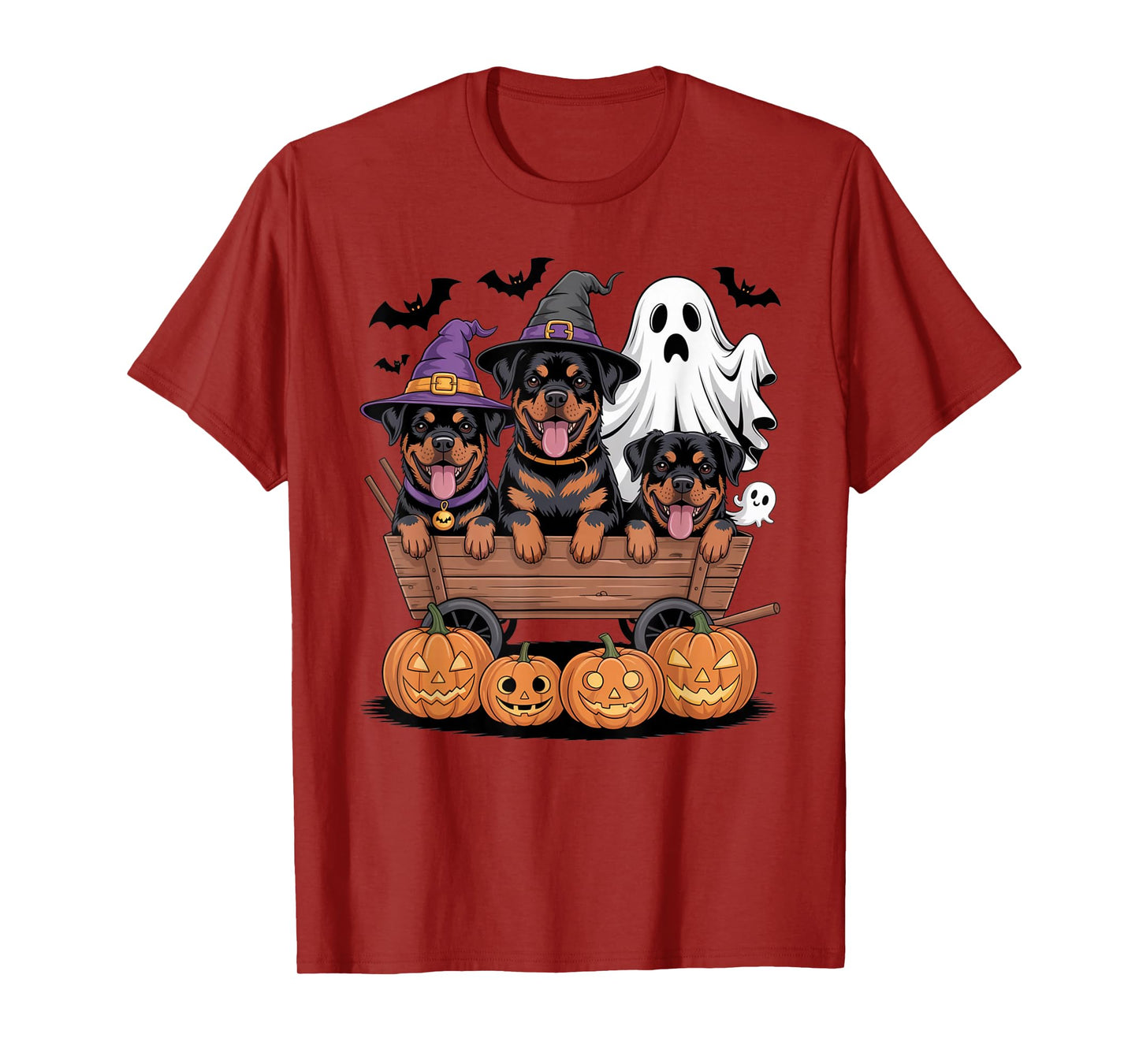 Rottweiler Halloween Wagon Witch Hats Ghost Pumpkins Spooky T-Shirt
