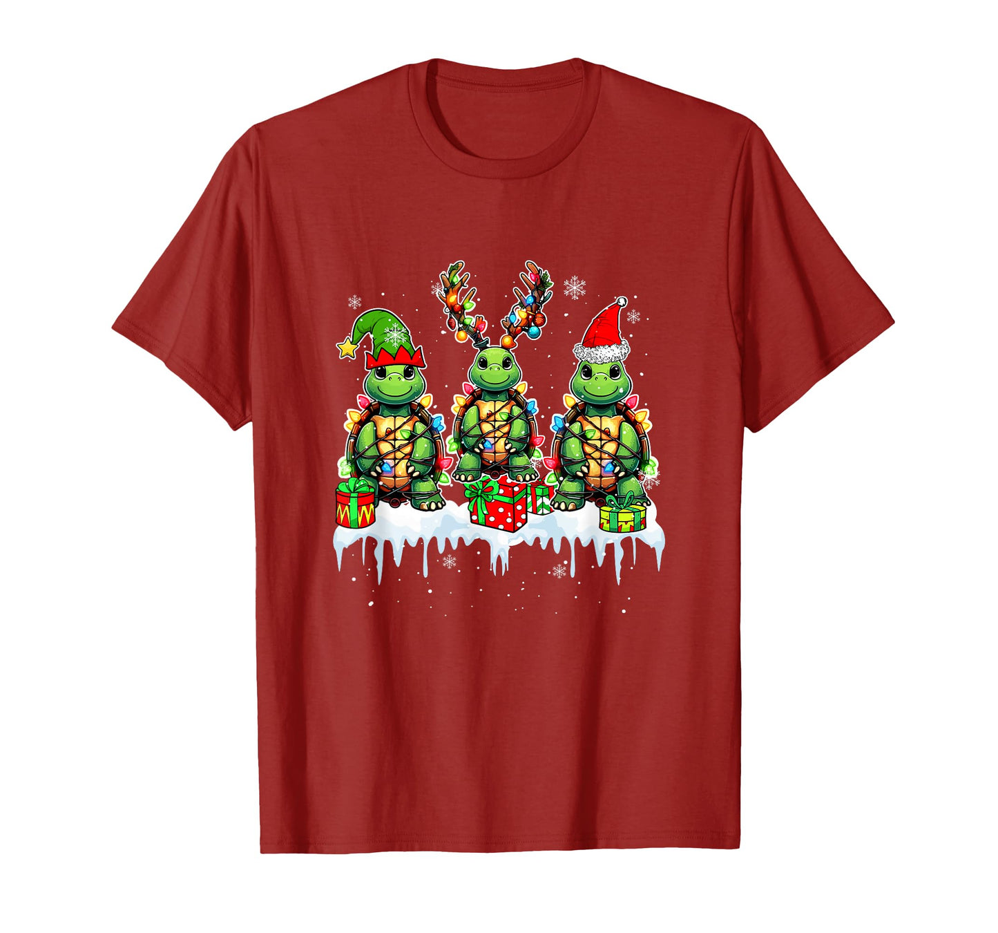Three Santa Reindeer Elf Turtles Christmas Colorful Lights T-Shirt