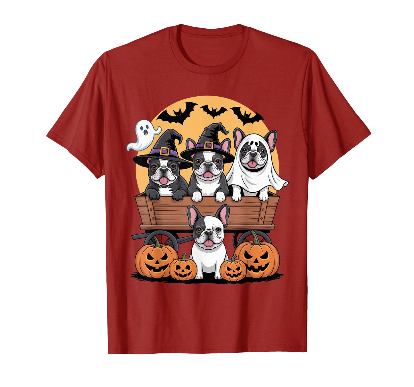 French Bulldog Halloween Wagon Witch Hats Bats Pumpkins T-Shirt