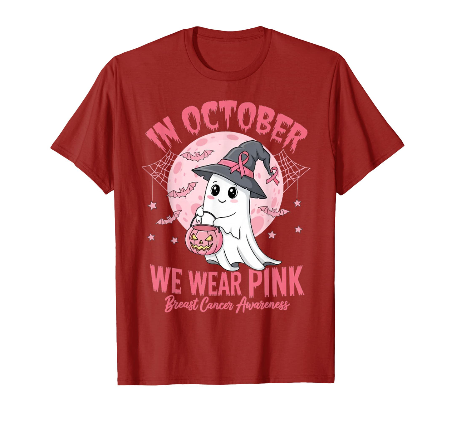 in October We Wear Pink Ghost Witch Breast Cancer Awareness T-Shirt