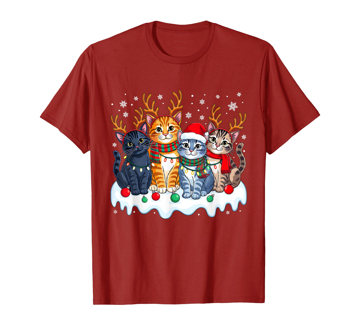 Cat Christmas Light Reindeer Santa Christmas Funny Cat Lover T-Shirt
