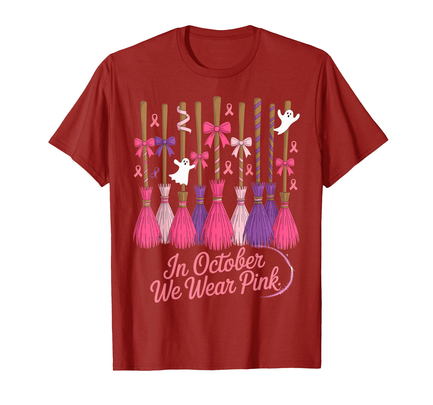 in October We Wear Pink Witches Brooms Spooky Breast Cancer T-Shirt