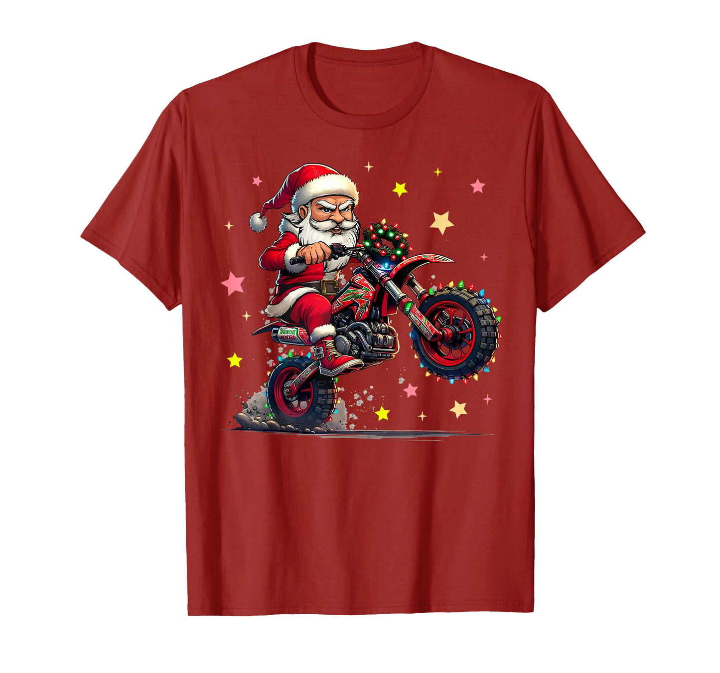 Santa Claus is Riding A Dirt Bike with Christmas Lights Xmas T-Shirt