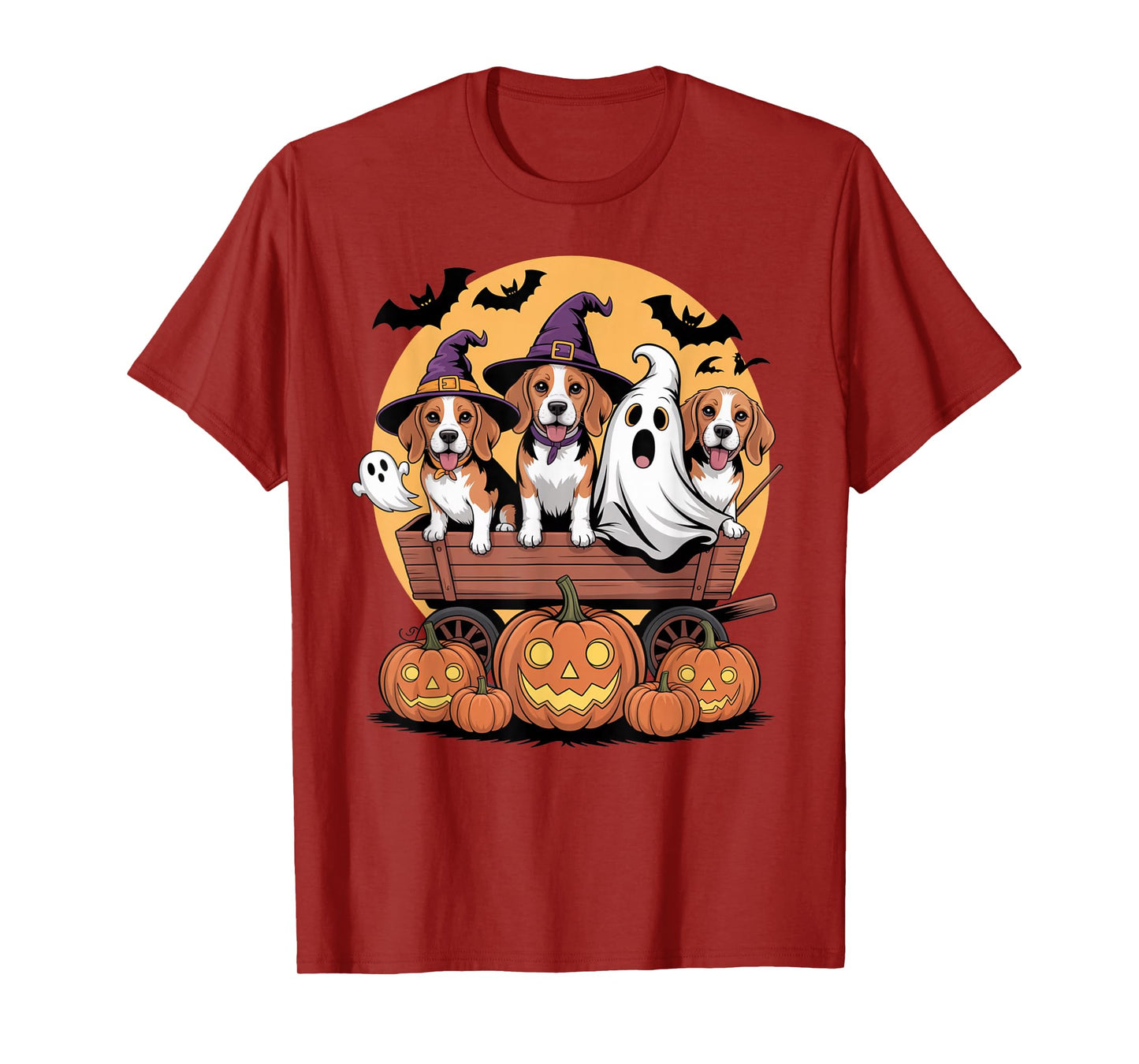 Beagle Halloween Wagon Witch Hats Ghost Bats Pumpkins Funny T-Shirt