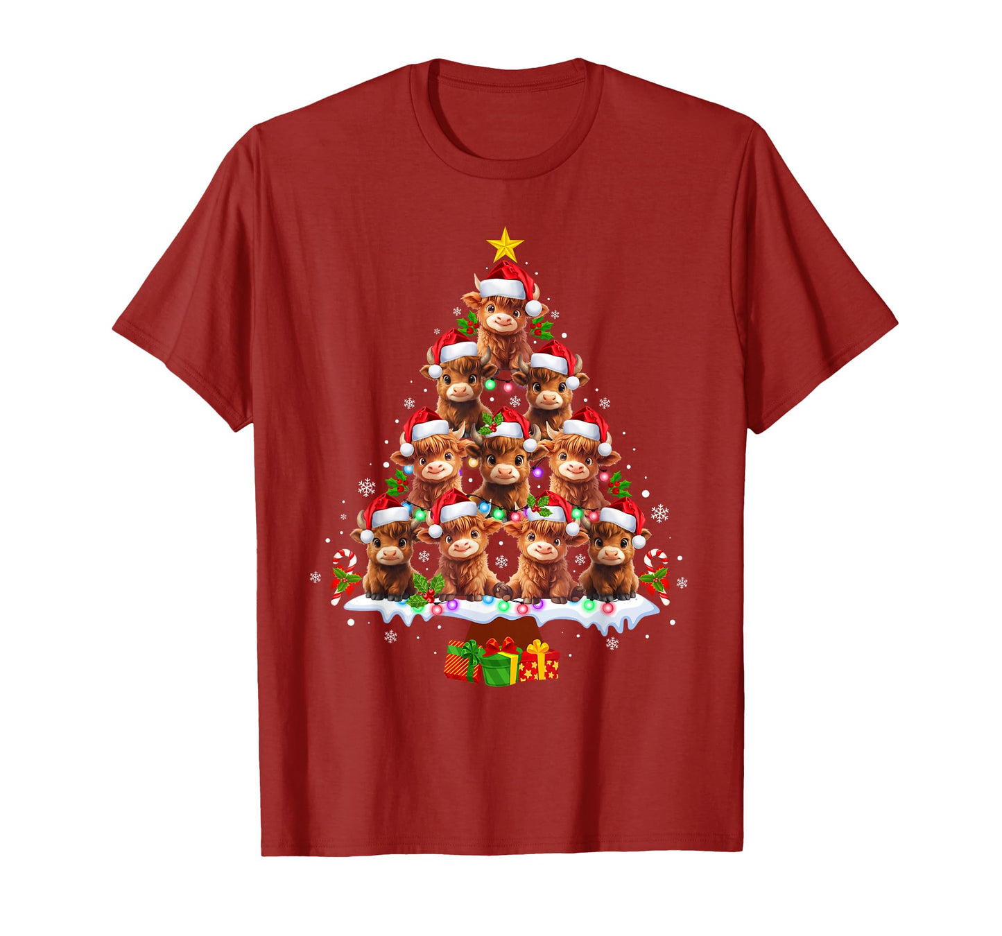 Scottish Highland Cow Christmas Tree Lights Xmas Pajamas T-Shirt