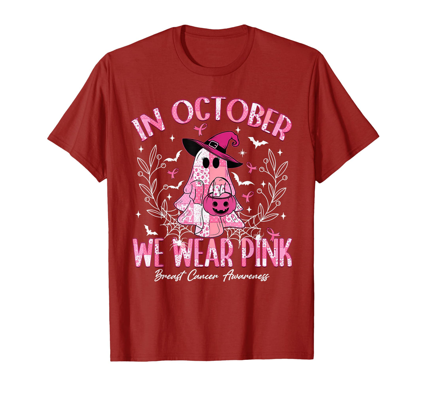 in October We Wear Pink Ghost Witch Breast Cancer Awareness T-Shirt